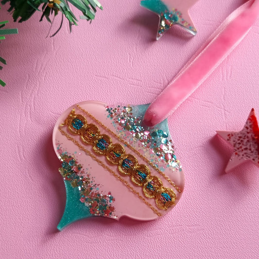 Sugared Almond Pink and Teal Resin Christmas Decoration with Vintage Ribbon