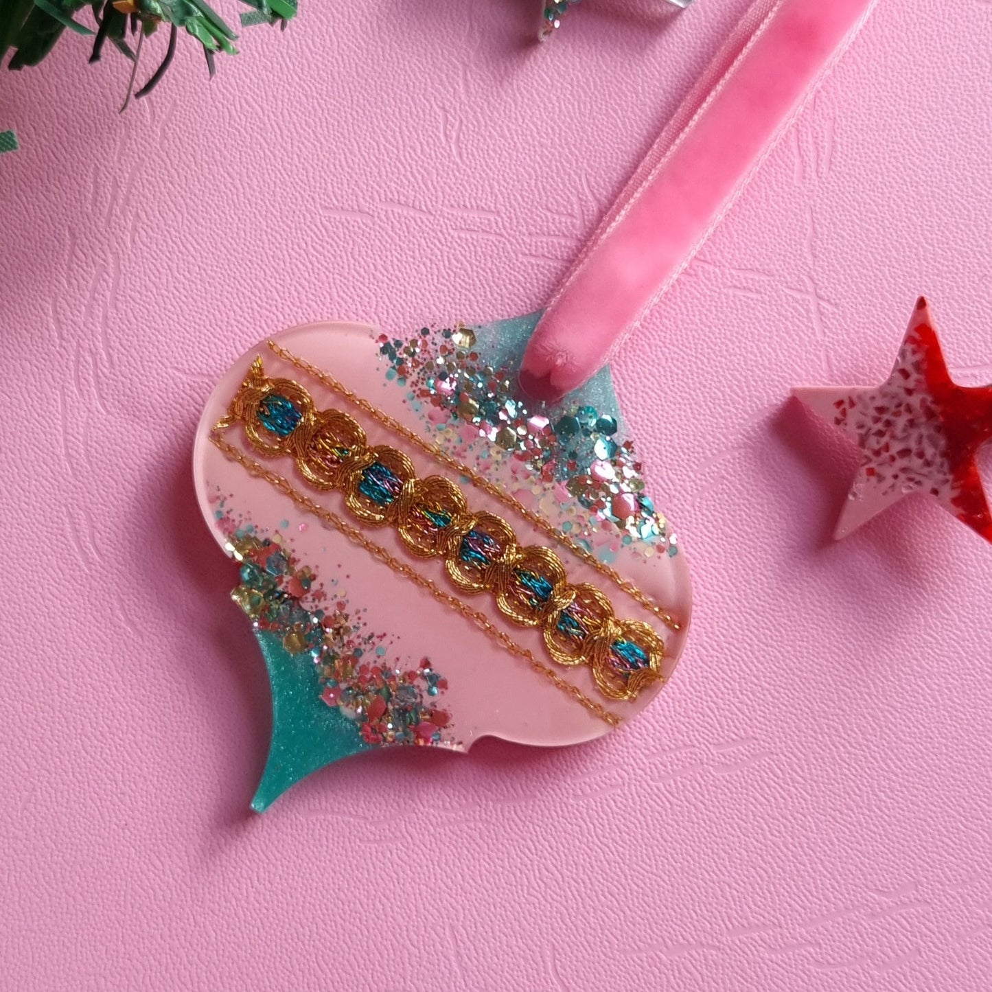 Sugared Almond Pink and Teal Resin Christmas Decoration with Vintage Ribbon