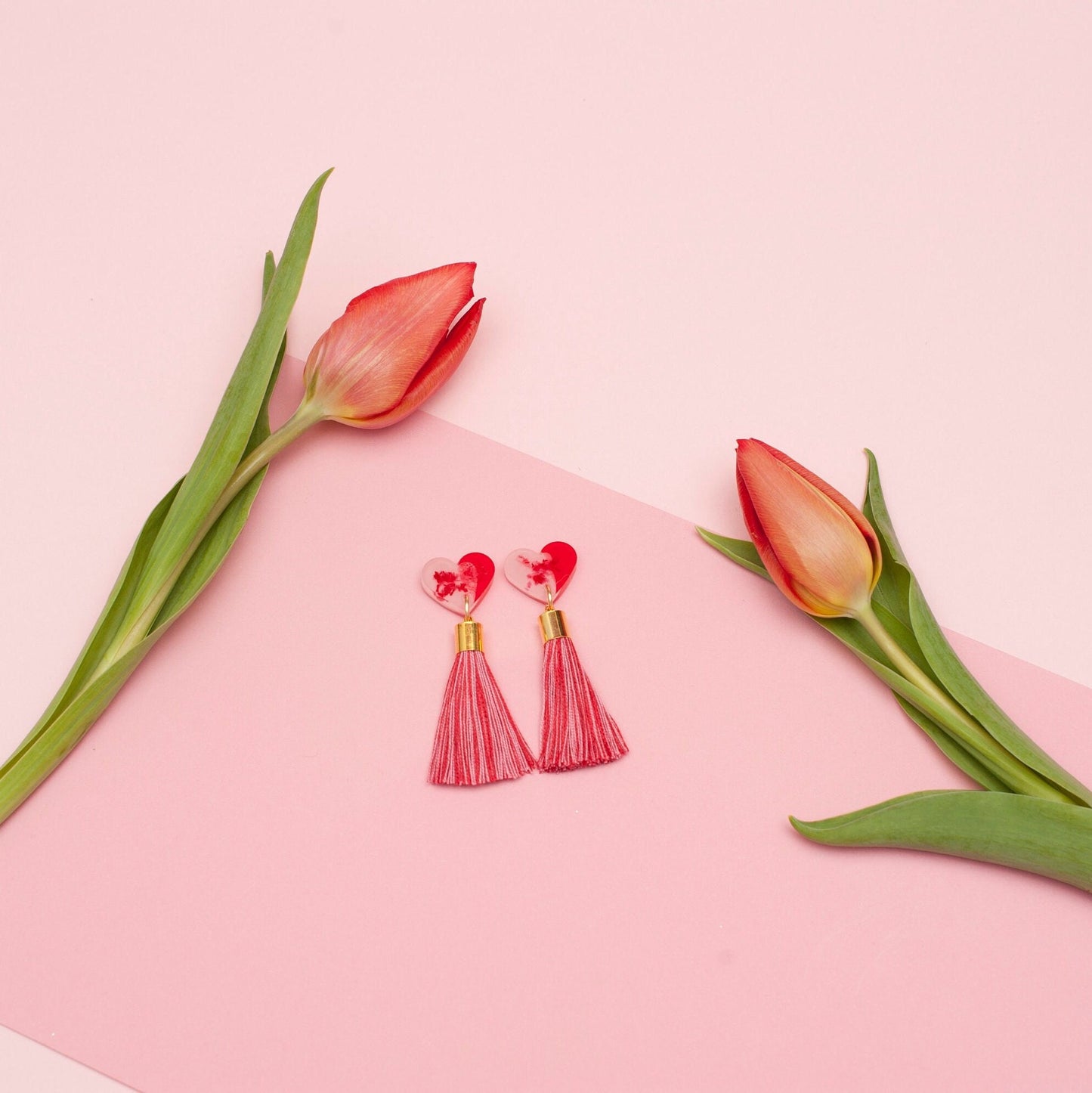 Burlesque Pink and Red Heart Tassel Earrings