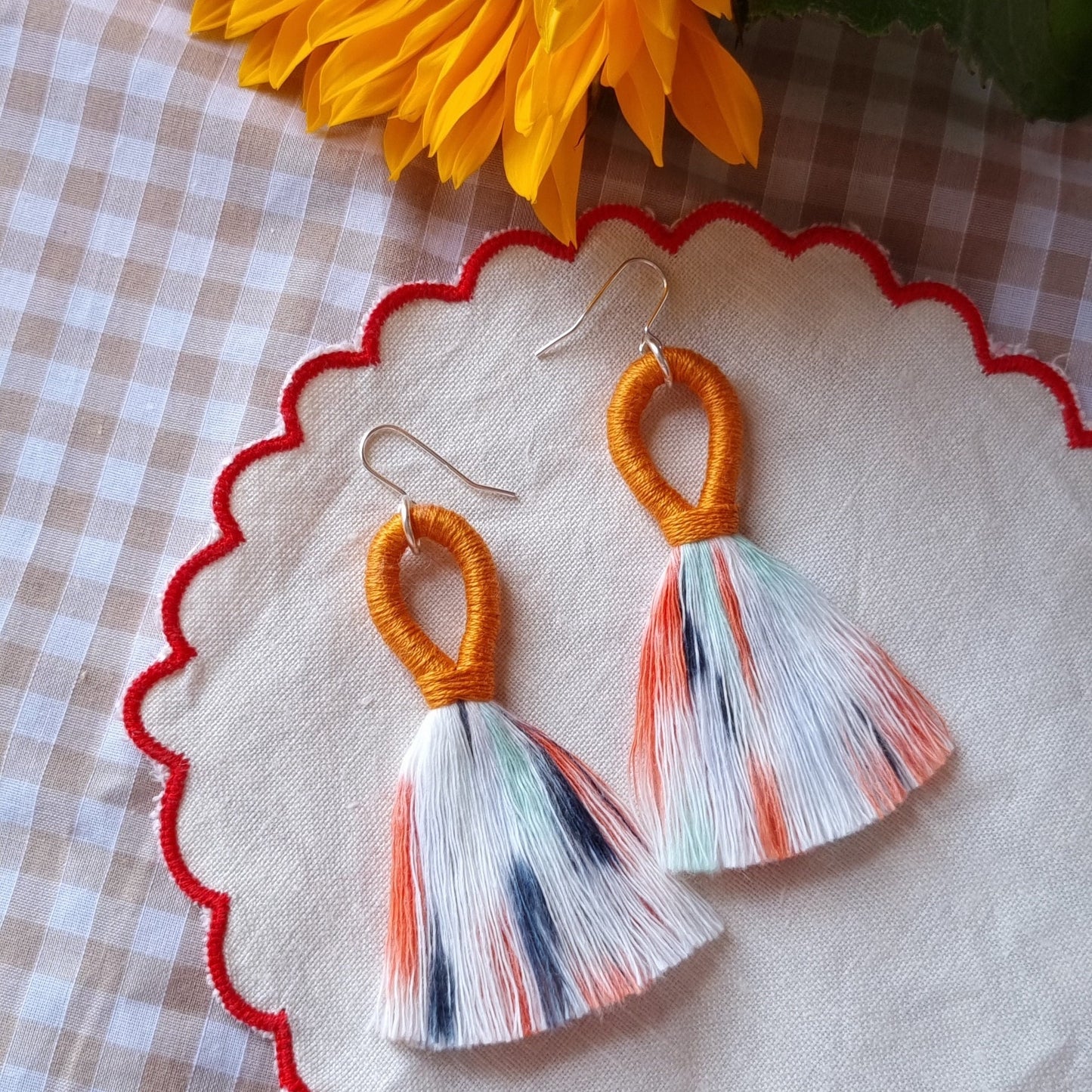 Orange and White Tassel Earrings